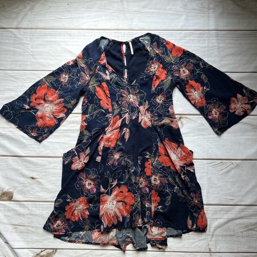Free People Floral Long Sleeve Dress - Navy and Red